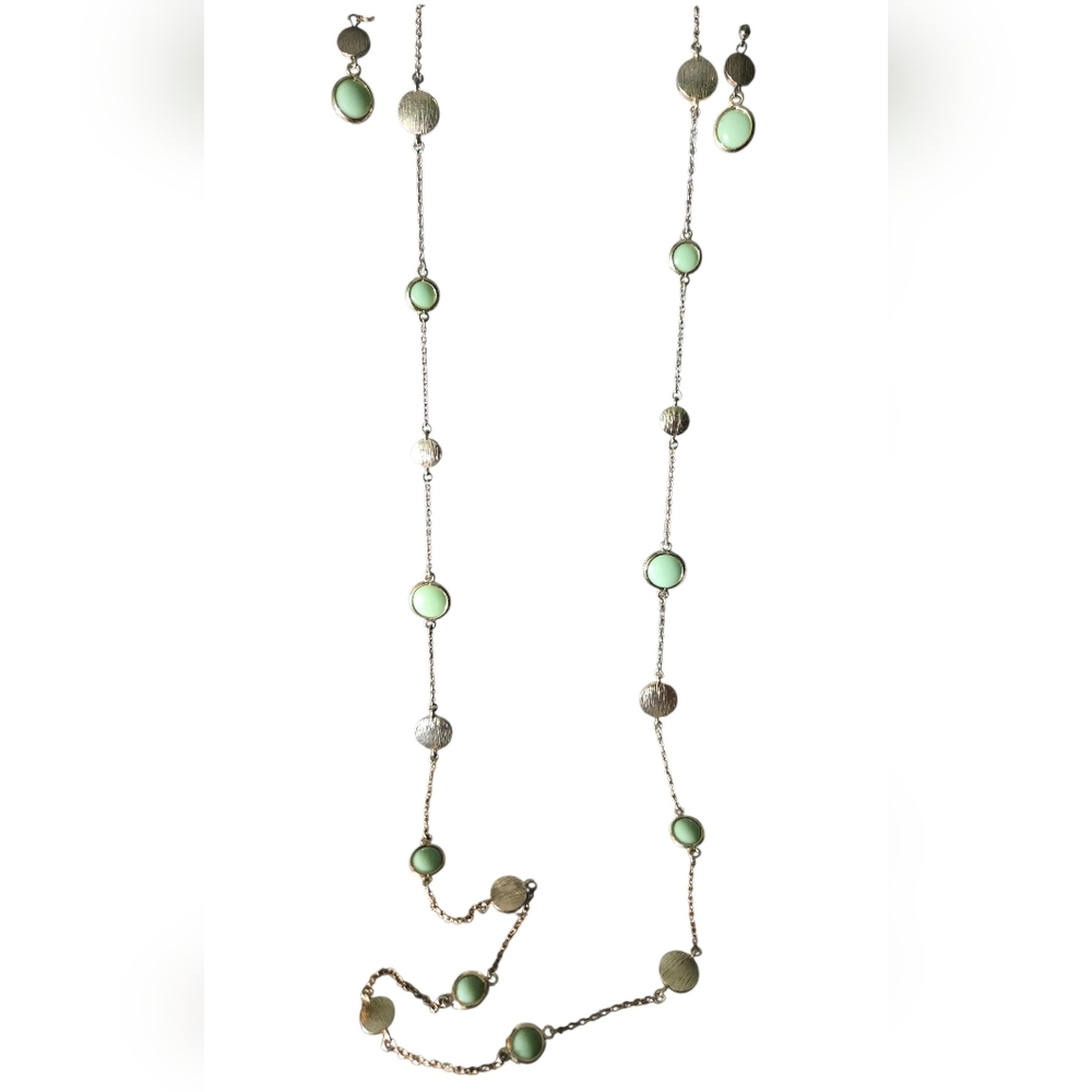 Long Mint Green Station Necklace Set with Gold Discs